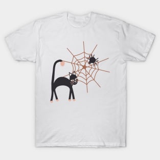 Spookily cute cats, spiders and cobwebs for Halloween in charcoal and milk chocolate T-Shirt